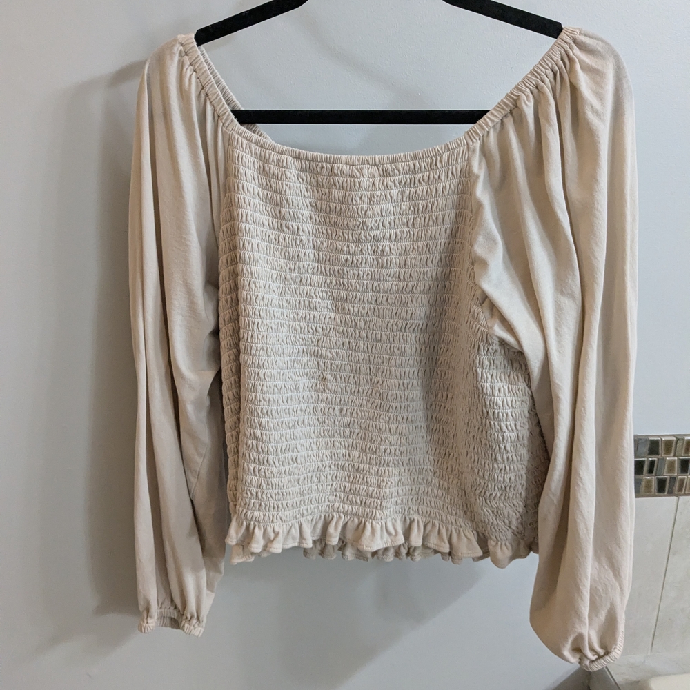 LOFT Cream Smocked Blouse